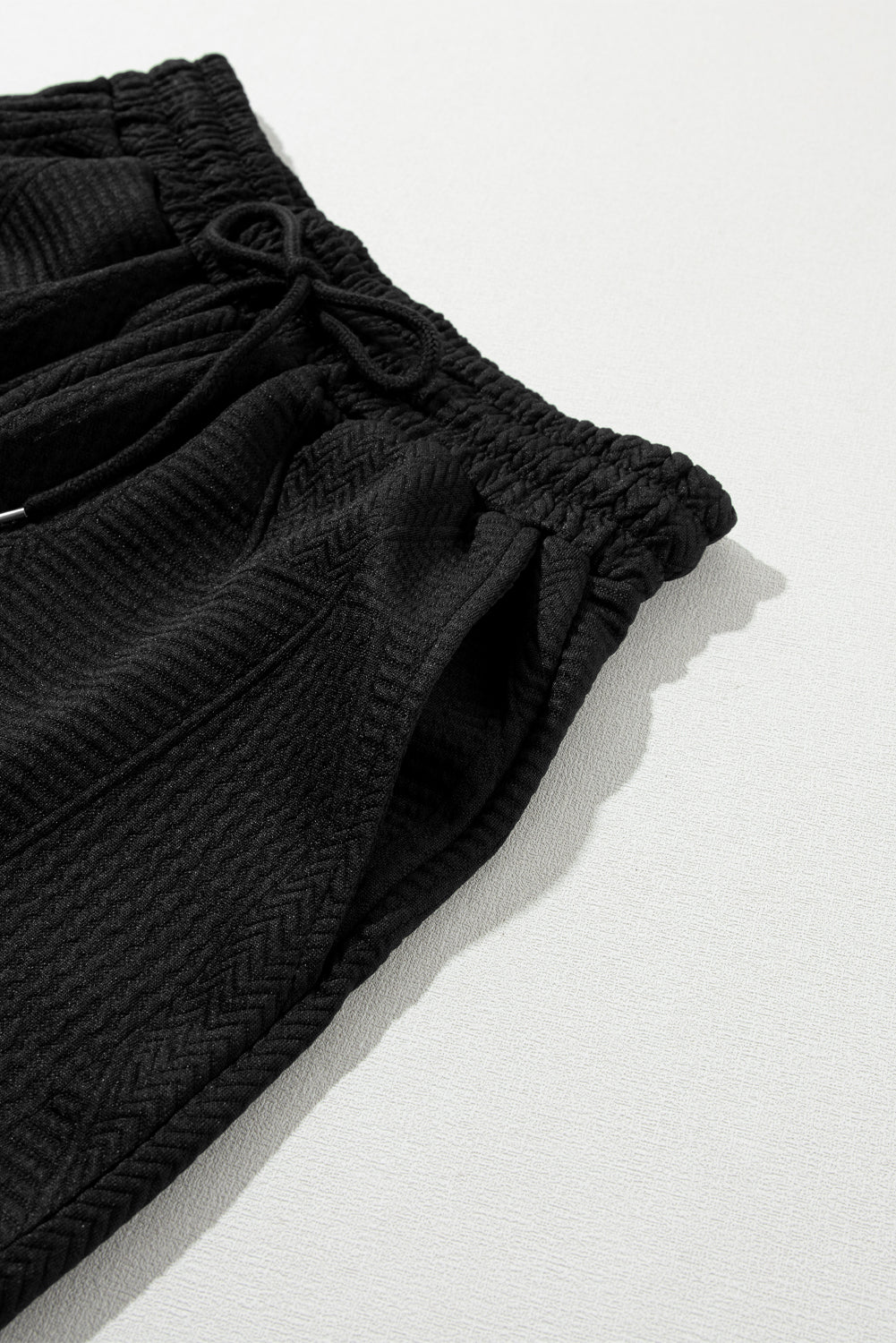 Black Textured Ruffle Split Top and Drawstring Shorts Short Sets JT's Designer Fashion