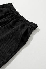 Black Textured Ruffle Split Top and Drawstring Shorts Short Sets JT's Designer Fashion