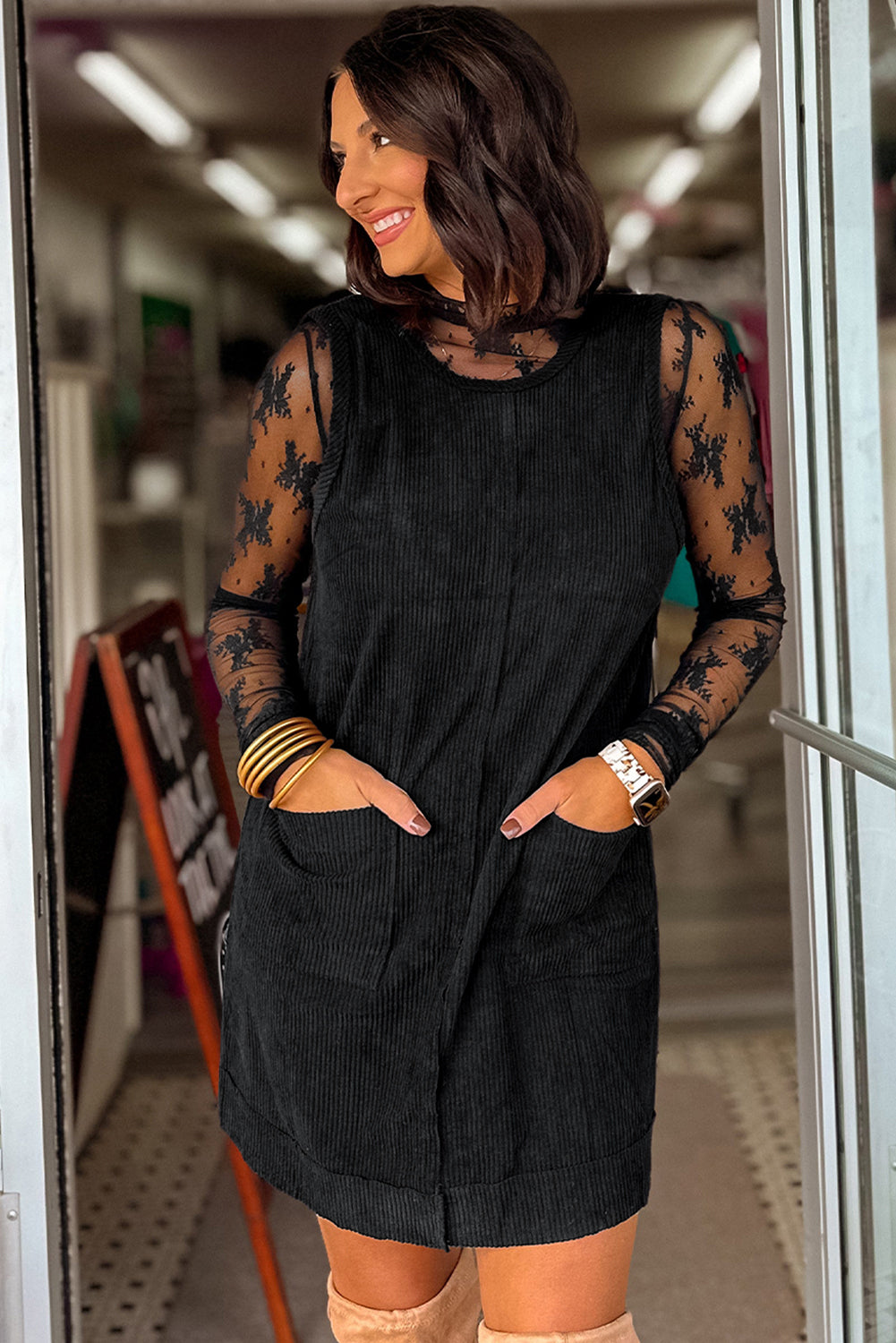 Black Corduroy Sleeveless Mini Dress With Patched Pockets Mini Dresses JT's Designer Fashion