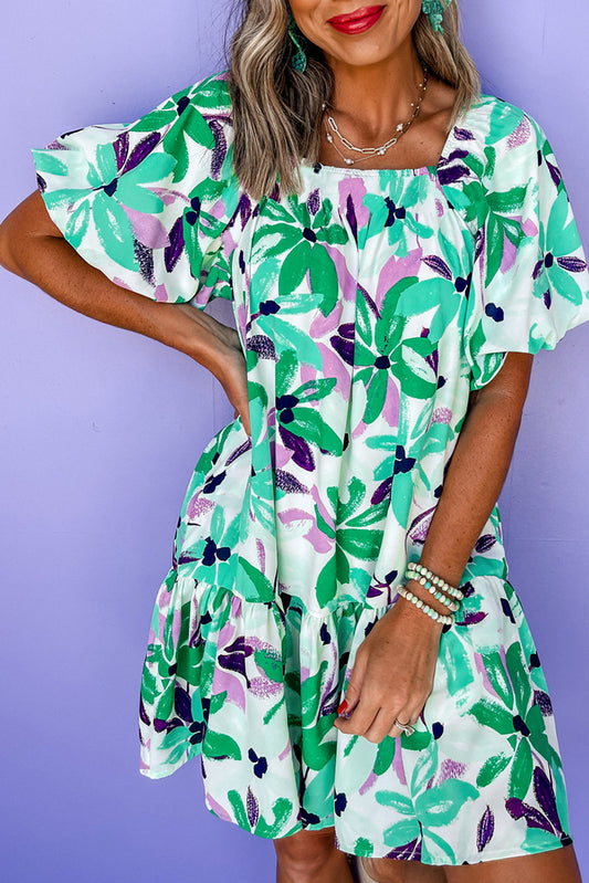 Green Floral Print Shirred Square Neck Loose Fit Mini Dress Green 100%Polyester Floral Dresses JT's Designer Fashion