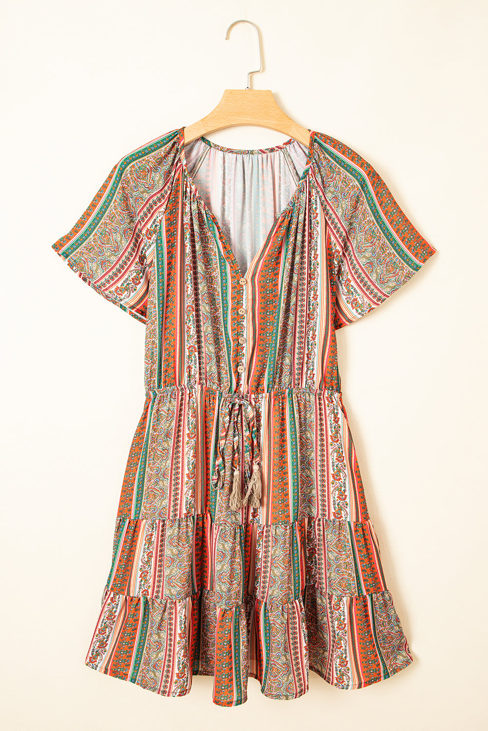 Red Bohemian Floral Print Buttoned V Neck Ruffle Tiered Dress Floral Dresses JT's Designer Fashion