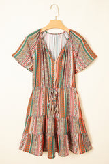 Red Bohemian Floral Print Buttoned V Neck Ruffle Tiered Dress Floral Dresses JT's Designer Fashion
