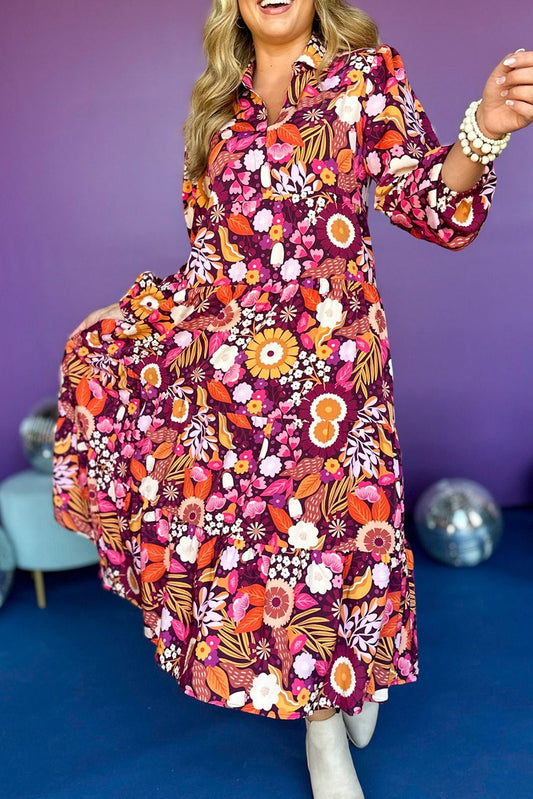 Purple Collared Tiered Flowy Long Dress Purple 100%Polyester Maxi Dresses JT's Designer Fashion
