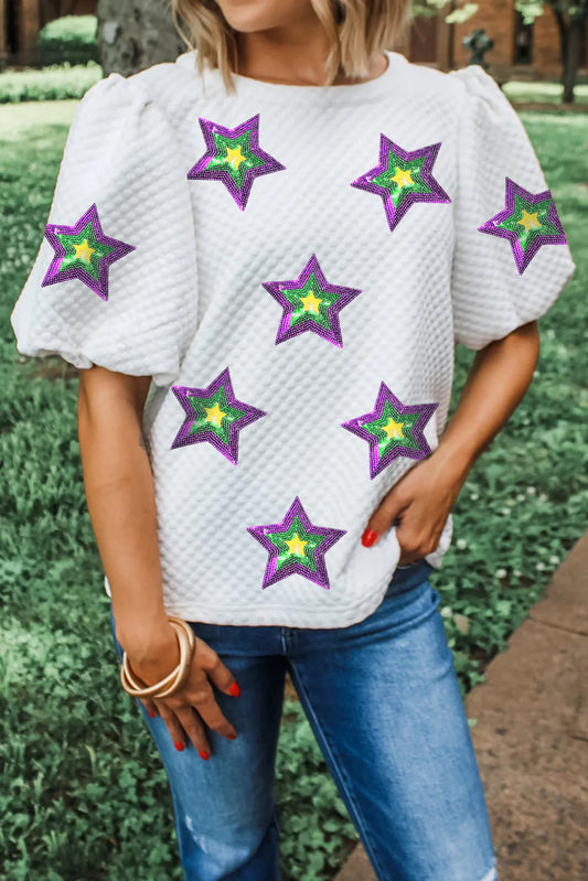 White Textured Sequin Mardi Gras Star Graphic Puff Sleeve Blouse Graphic Tees JT's Designer Fashion