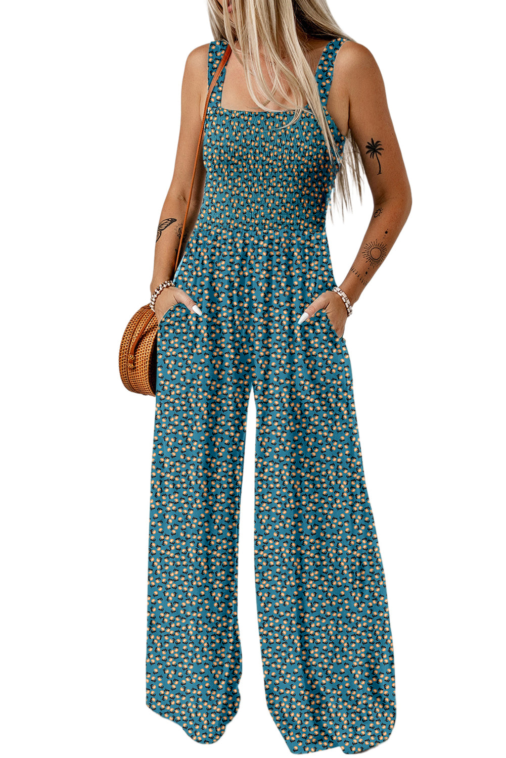 Green Floral Print Smocked High Waist Square Neck Jumpsuit Dresses JT's Designer Fashion