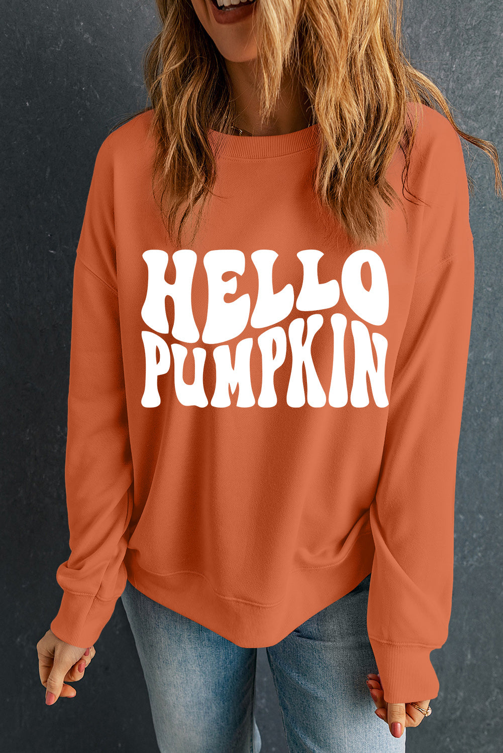 Orange Hello Pumpkin Graphic Drop Shoulder Halloween Sweatshirt Graphic Sweatshirts JT's Designer Fashion