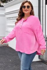 Bonbon Half Buttons Chest Pocket Drop Sleeve Plus Size Top Plus Size Blouses & Shirts JT's Designer Fashion