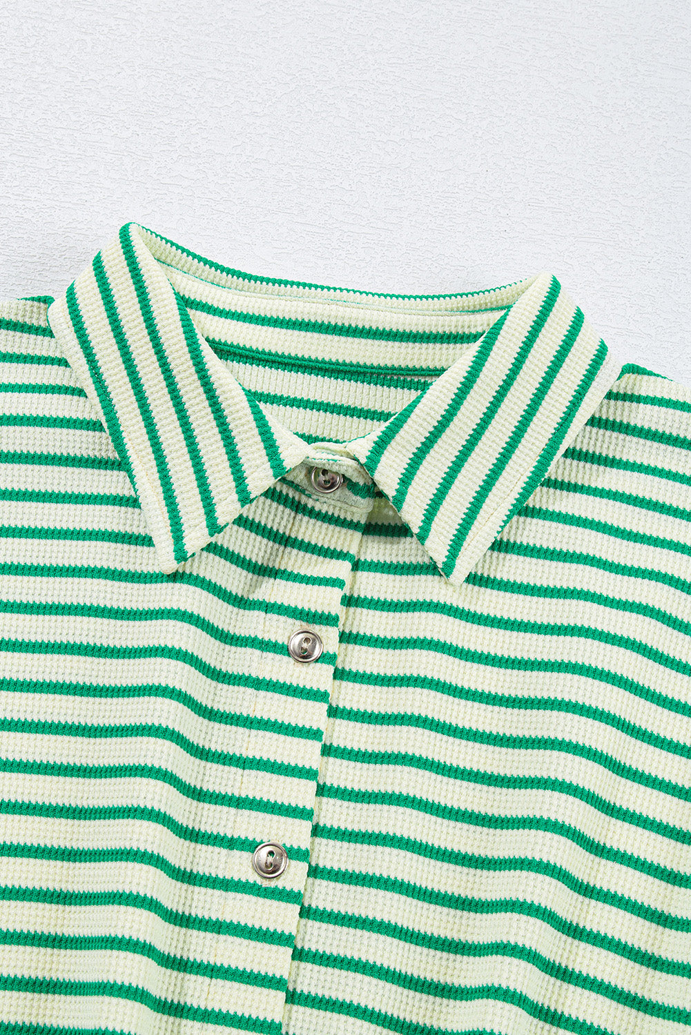 Green Stripe Textured Short Sleeve Collared Buttoned Waist Tie Romper Jumpsuits & Rompers JT's Designer Fashion