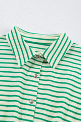 Green Stripe Textured Short Sleeve Collared Buttoned Waist Tie Romper Jumpsuits & Rompers JT's Designer Fashion