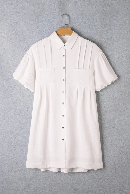 Collared Neck Short Sleeve Mini Dress White Mini Dresses JT's Designer Fashion