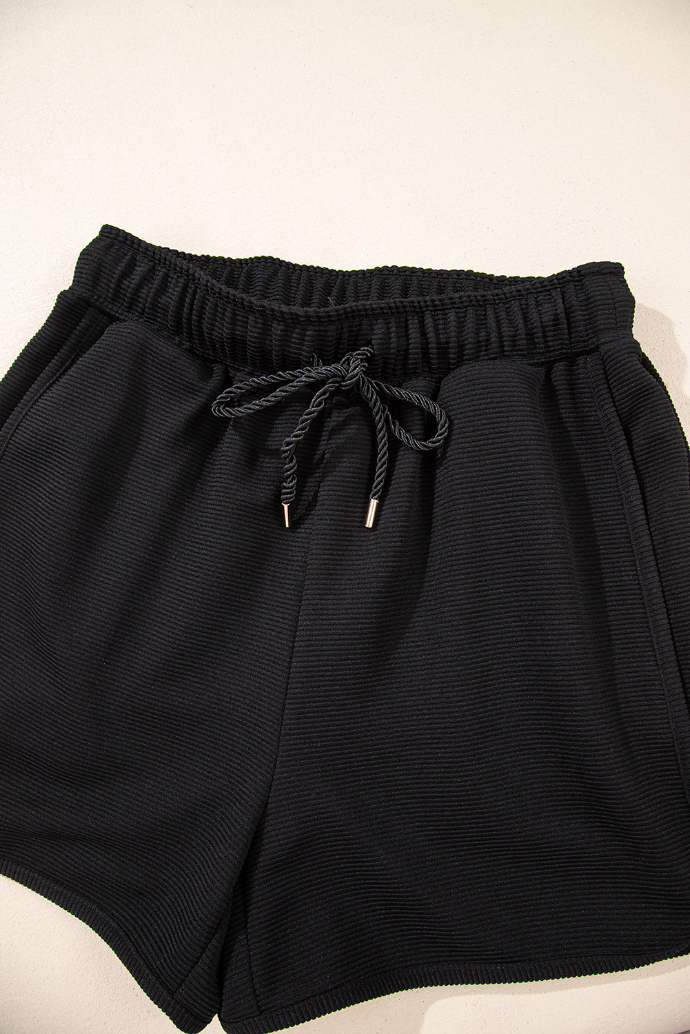 Black Textured Half Zip Kangaroo Pocket Top Drawstring Shorts Set Short Sets JT's Designer Fashion