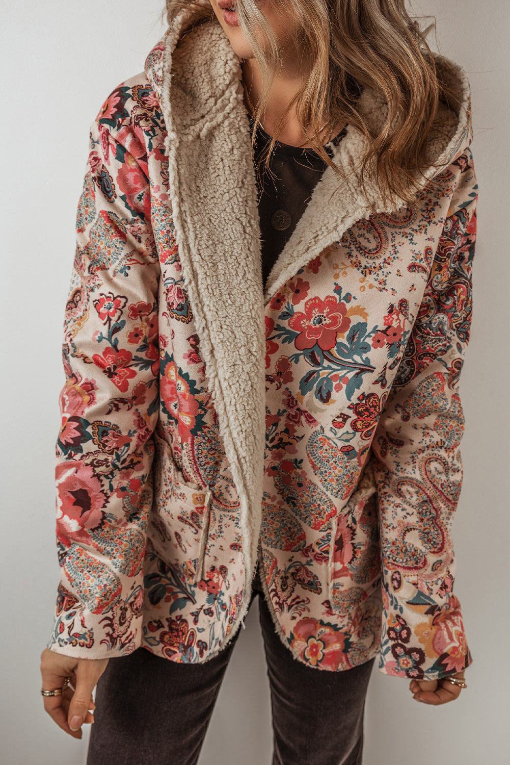 Beige Vintage Paisley Floral Printed Sherpa Lined Hooded Jacket Jackets JT's Designer Fashion