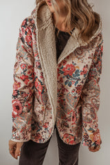 Beige Vintage Paisley Floral Printed Sherpa Lined Hooded Jacket Jackets JT's Designer Fashion