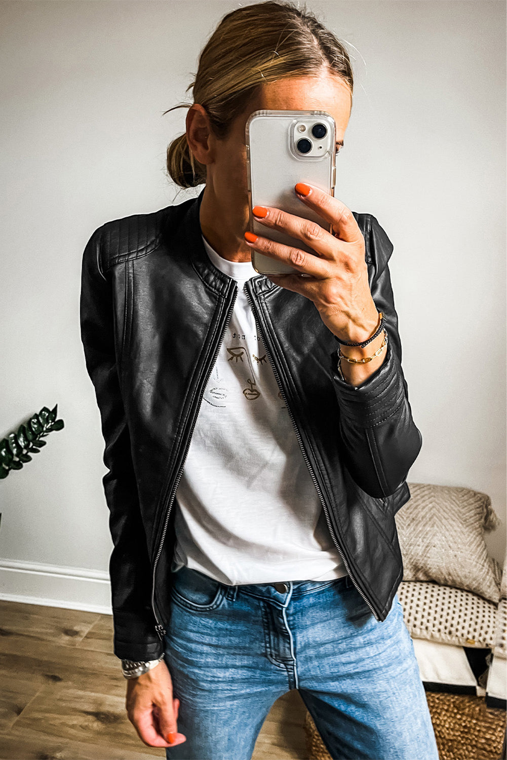 Black Solid Faux Leather Zipper Slim Fit Bomber Jacket Jackets JT's Designer Fashion