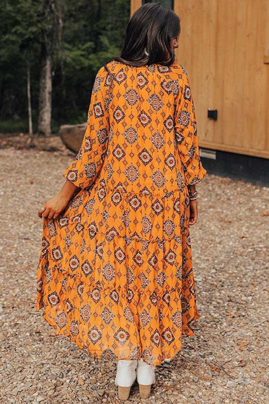 Orange Western Geometric Print Tiered Frilled Loose Fit Midi Dress Midi Dresses JT's Designer Fashion