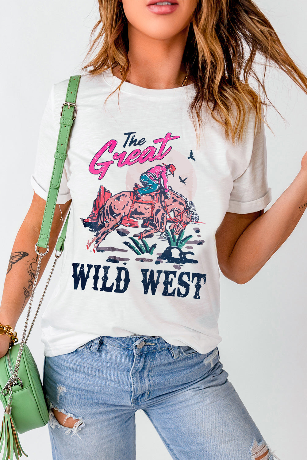 White The Great WILD WEST Rodeo Graphic Crew Neck T Shirt Graphic Tees JT's Designer Fashion