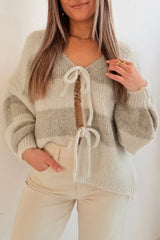 Khaki Striped Color Block Brushed Knit Bow Tie Front Sweater Cardigan Cardigans JT's Designer Fashion