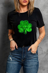 Black Sequin Clover Embroidered Round Neck Graphic Tee Graphic Tees JT's Designer Fashion
