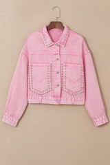 Pink Rivet Studded Pocketed Denim Jacket Denim Jackets JT's Designer Fashion