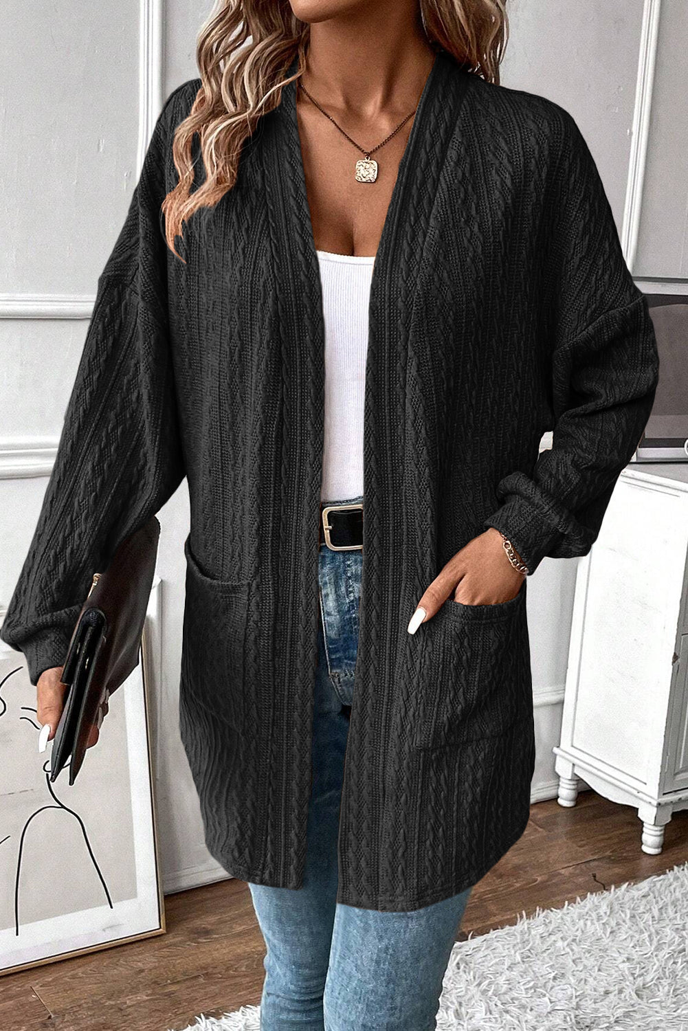 Black Textured Knit Side Pockets Open Front Cardigan Black 97%Polyester+3%Elastane Cardigans JT's Designer Fashion