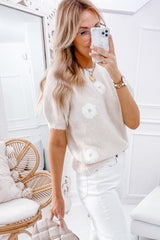 Beige Flower Pattern Short Sleeve Knit Sweater Sweaters & Cardigans JT's Designer Fashion