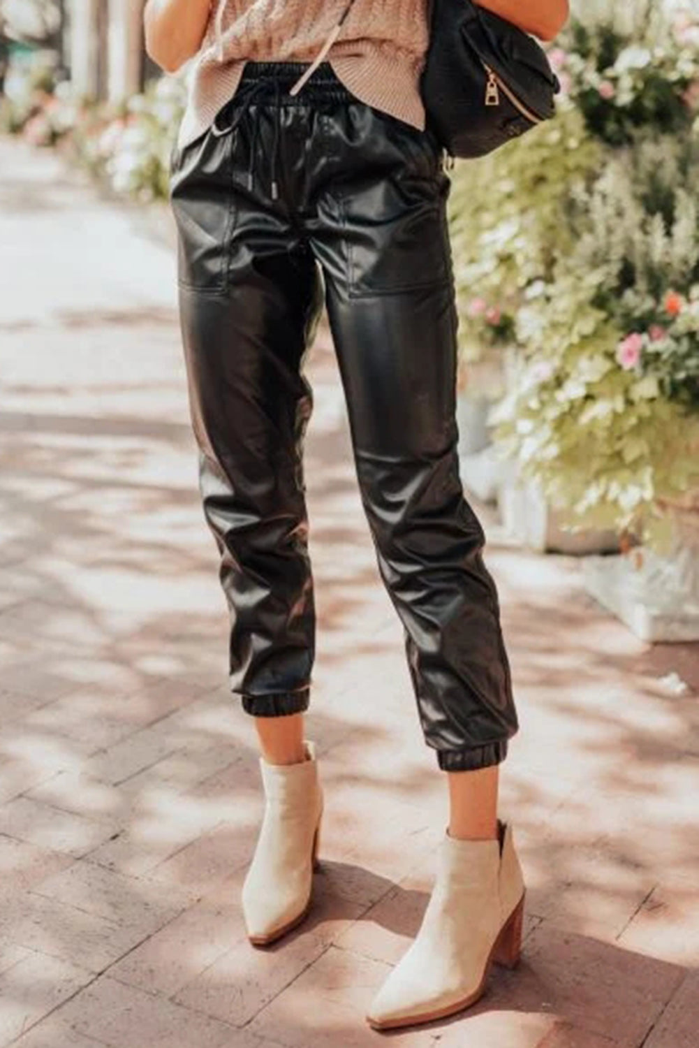 Black Faux Leather Ankle Smocked Waist Drawstring Joggers Pants & Culotte JT's Designer Fashion