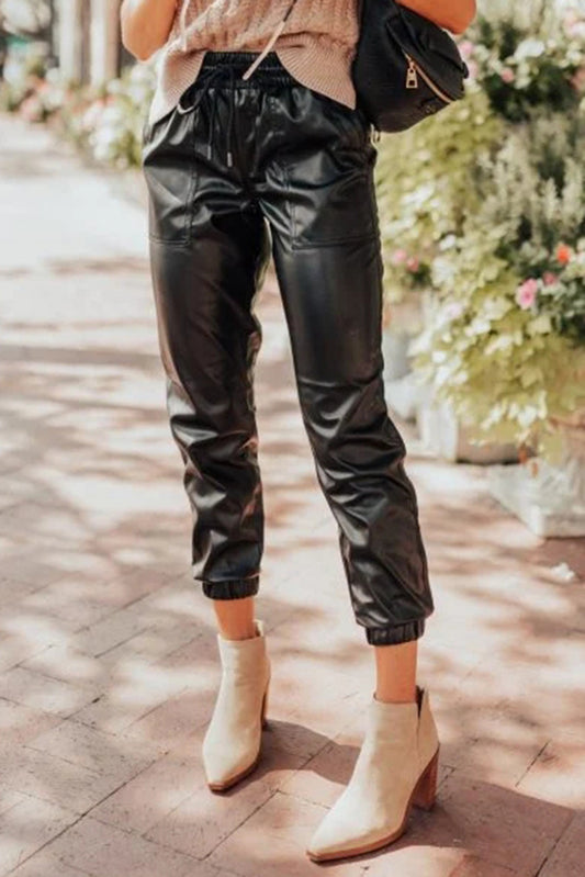 Black Faux Leather Ankle Smocked Waist Drawstring Joggers Pants & Culotte JT's Designer Fashion
