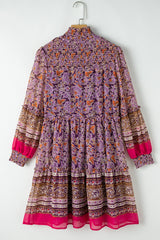 Purple Floral Smocked Puff Sleeve High Neck Mini Dress Floral Dresses JT's Designer Fashion