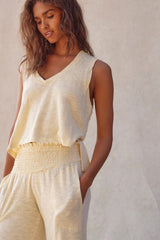 Beige Solid Color Tank Top and Smocked Waist Pants Set Pant Sets JT's Designer Fashion