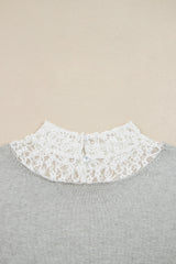 Light Grey Button Keyhole Lace Patchwork Drop Shoulder Sweater Sweaters JT's Designer Fashion