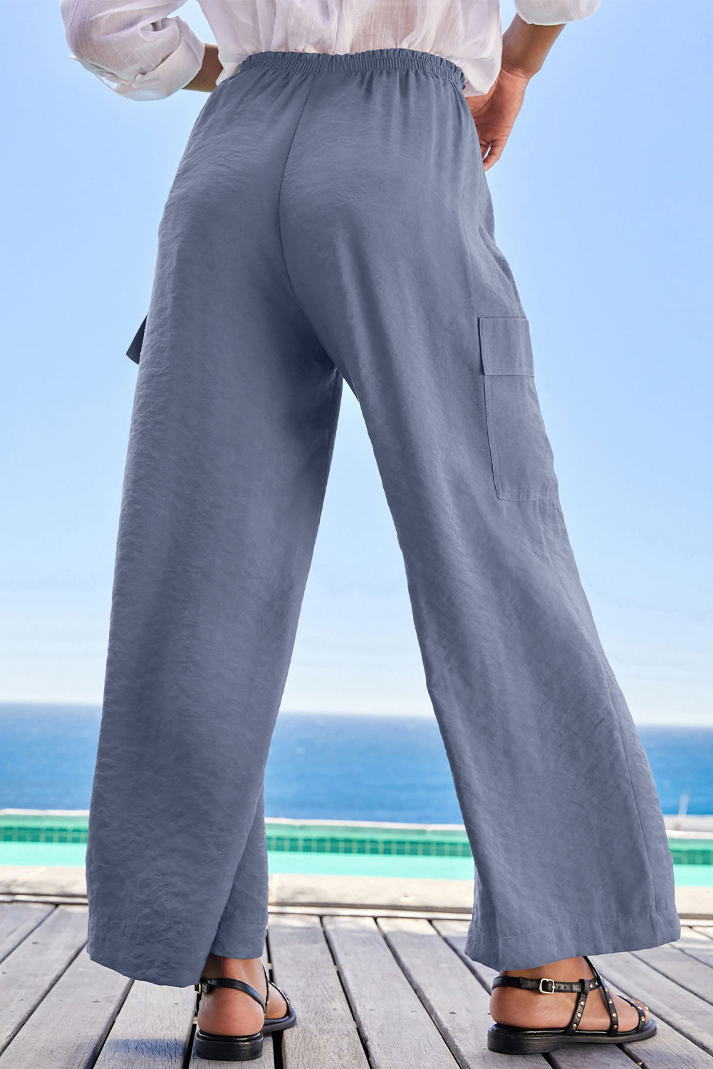 Dark Grey Drawstring Frilled Waist Wide Leg Utility Trousers Pants & Culotte JT's Designer Fashion