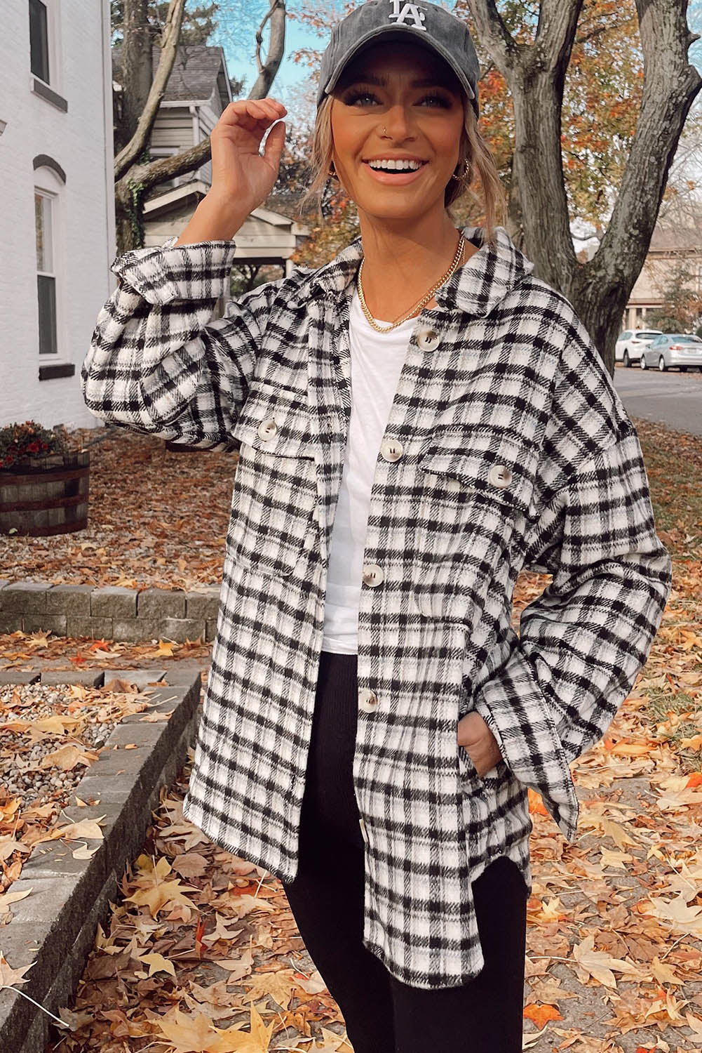 Black Plaid Print Chest Pockets Buttoned Tunic Shacket Plaid Shackets JT's Designer Fashion
