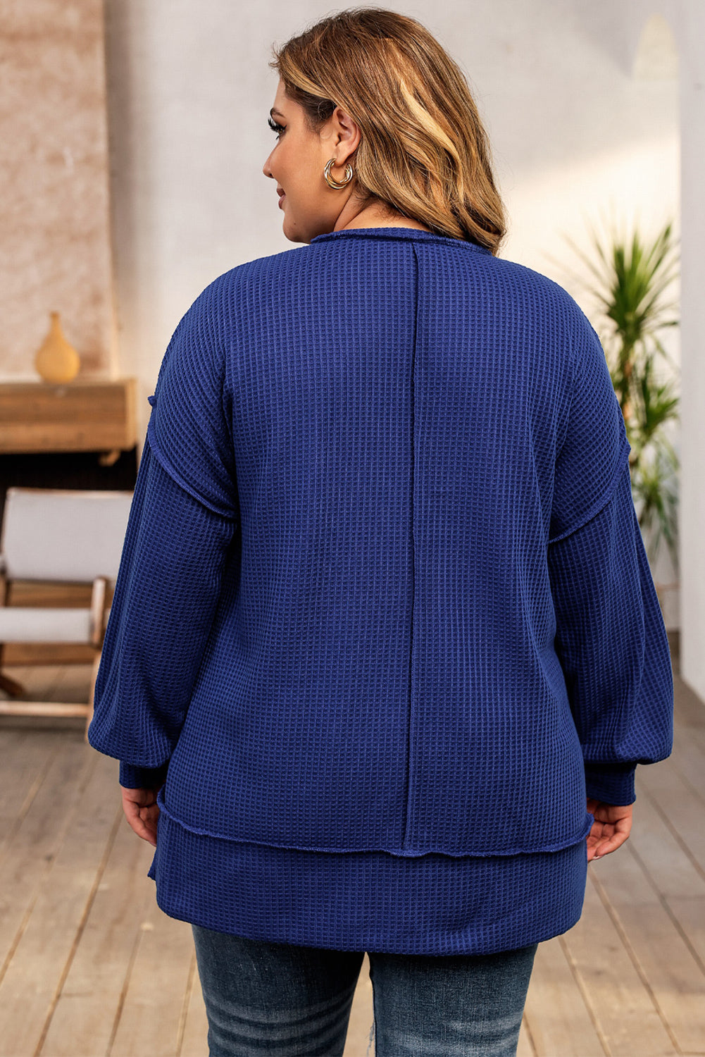 Blue Plus Size Waffle Knit Oversized Exposed Seam Top Plus Size JT's Designer Fashion