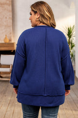 Blue Plus Size Waffle Knit Oversized Exposed Seam Top Plus Size JT's Designer Fashion