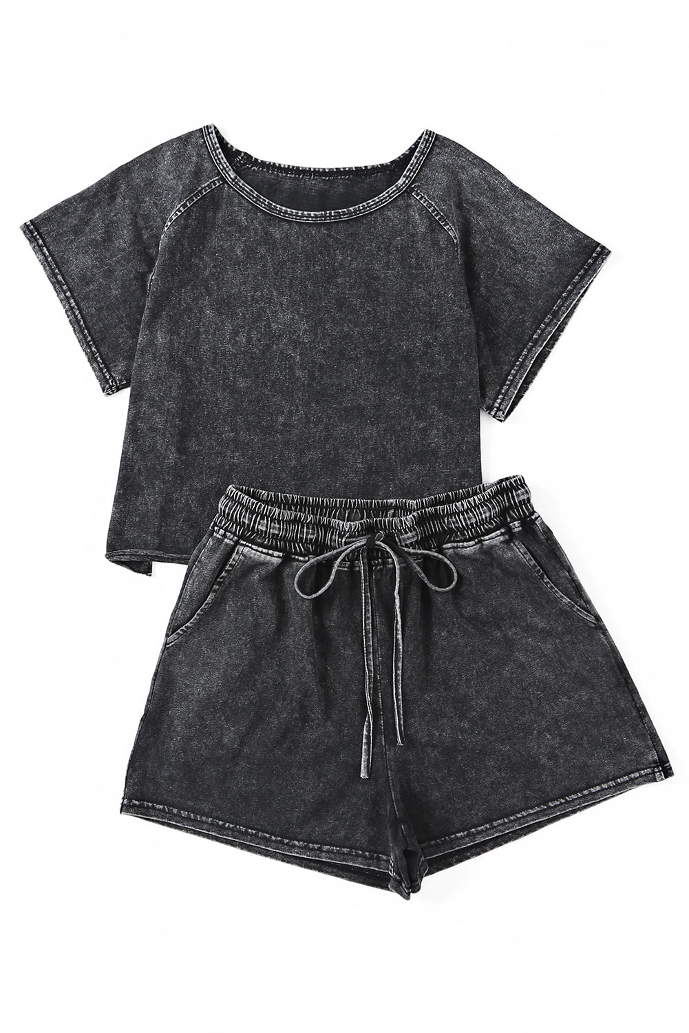Black Acid Washed Short Lounge Set Short Sets JT's Designer Fashion