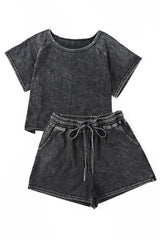 Black Acid Washed Short Lounge Set Short Sets JT's Designer Fashion