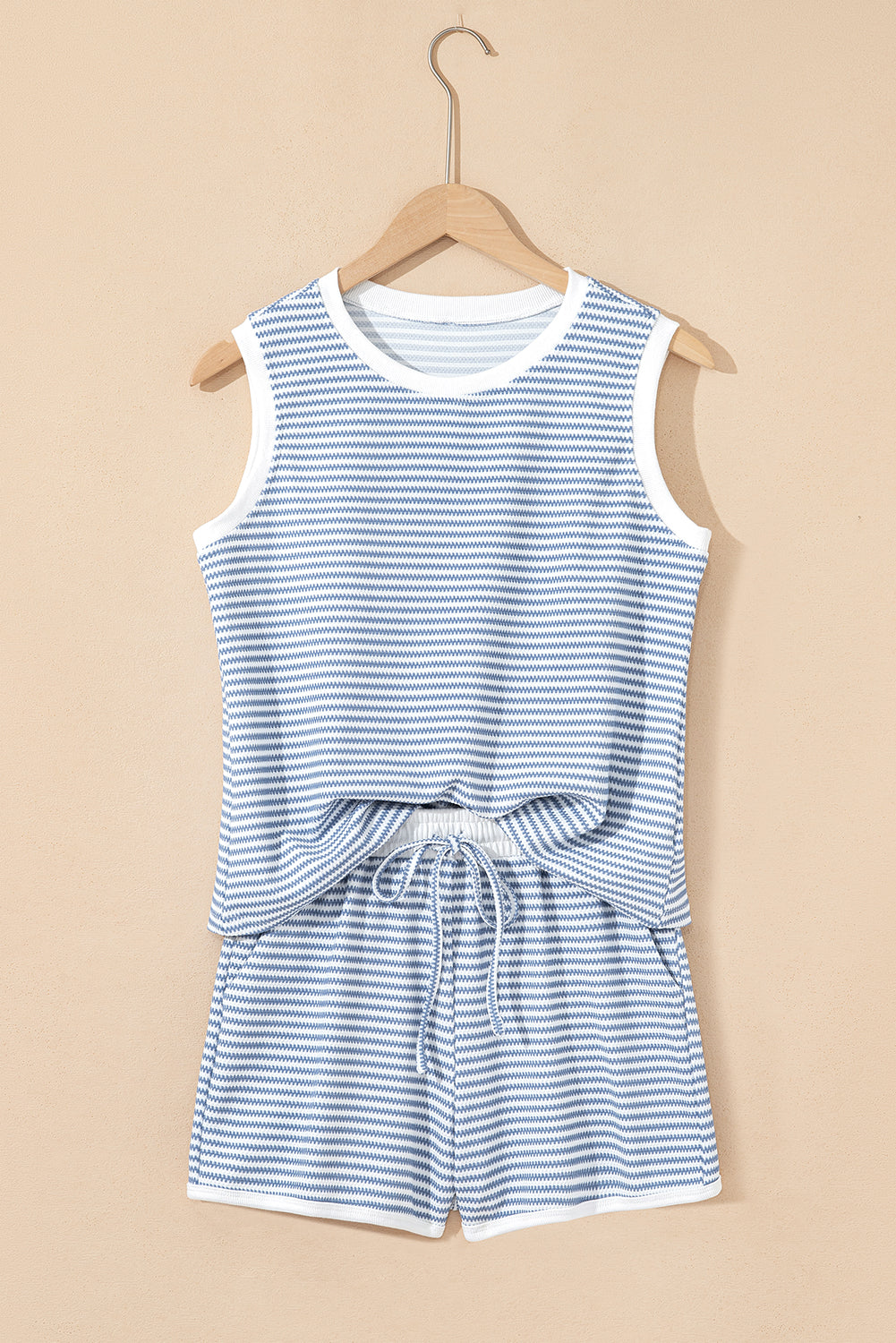 Myosotis Contrast Trim Striped Vest Drawstring Shorts Set Short Sets JT's Designer Fashion