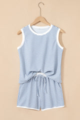 Myosotis Contrast Trim Striped Vest Drawstring Shorts Set Short Sets JT's Designer Fashion