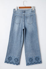 Dusk Blue Embroidered Cropped Wide Leg High Waist Jeans Jeans JT's Designer Fashion