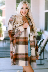 Brown Plaid Print Flap Pockets Long Shacket Brown 53.1%Polyester+26.6%Cotton+14.9%Viscose+5.4%Polyamide Plaid Shackets JT's Designer Fashion