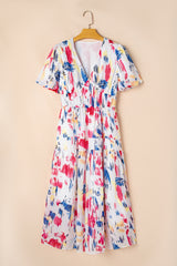 Rose Abstract Print Short Puff Sleeve Tiered Long Dress Maxi Dresses JT's Designer Fashion