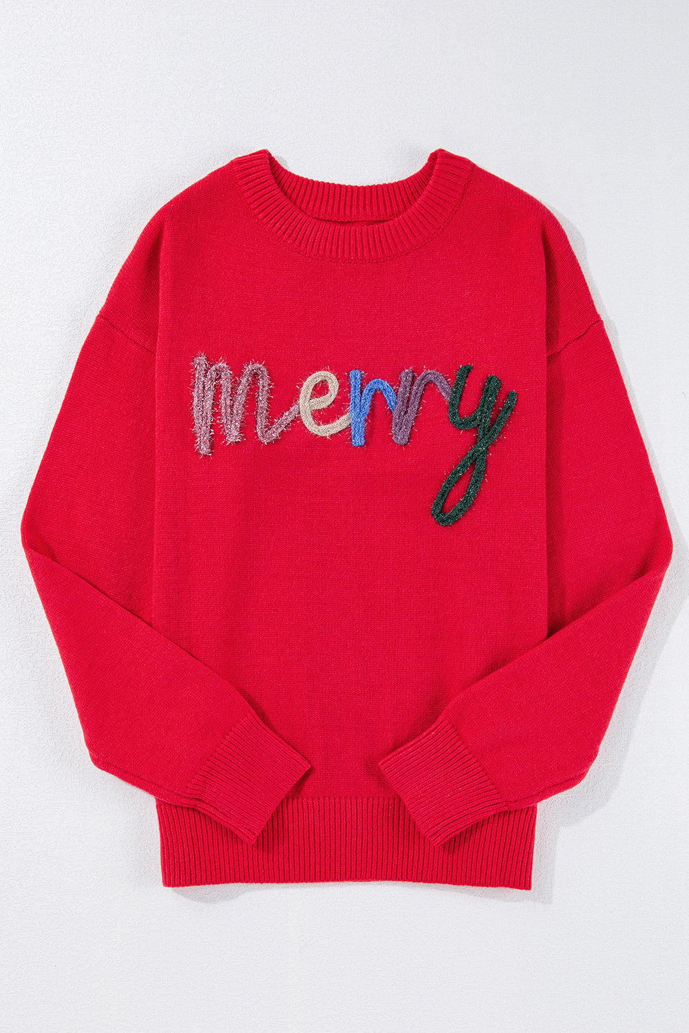 Fiery Red Tinsel Merry Letter Drop Shoulder Baggy Sweater Sweaters JT's Designer Fashion