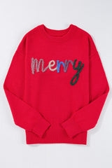Fiery Red Tinsel Merry Letter Drop Shoulder Baggy Sweater Sweaters JT's Designer Fashion