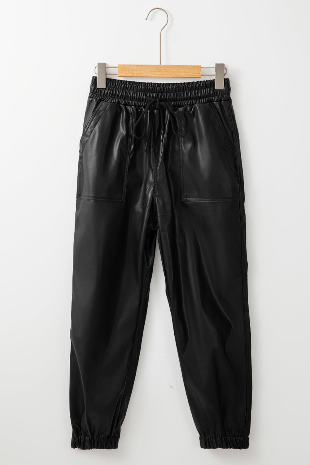 Black Faux Leather Ankle Smocked Waist Drawstring Joggers Pants & Culotte JT's Designer Fashion