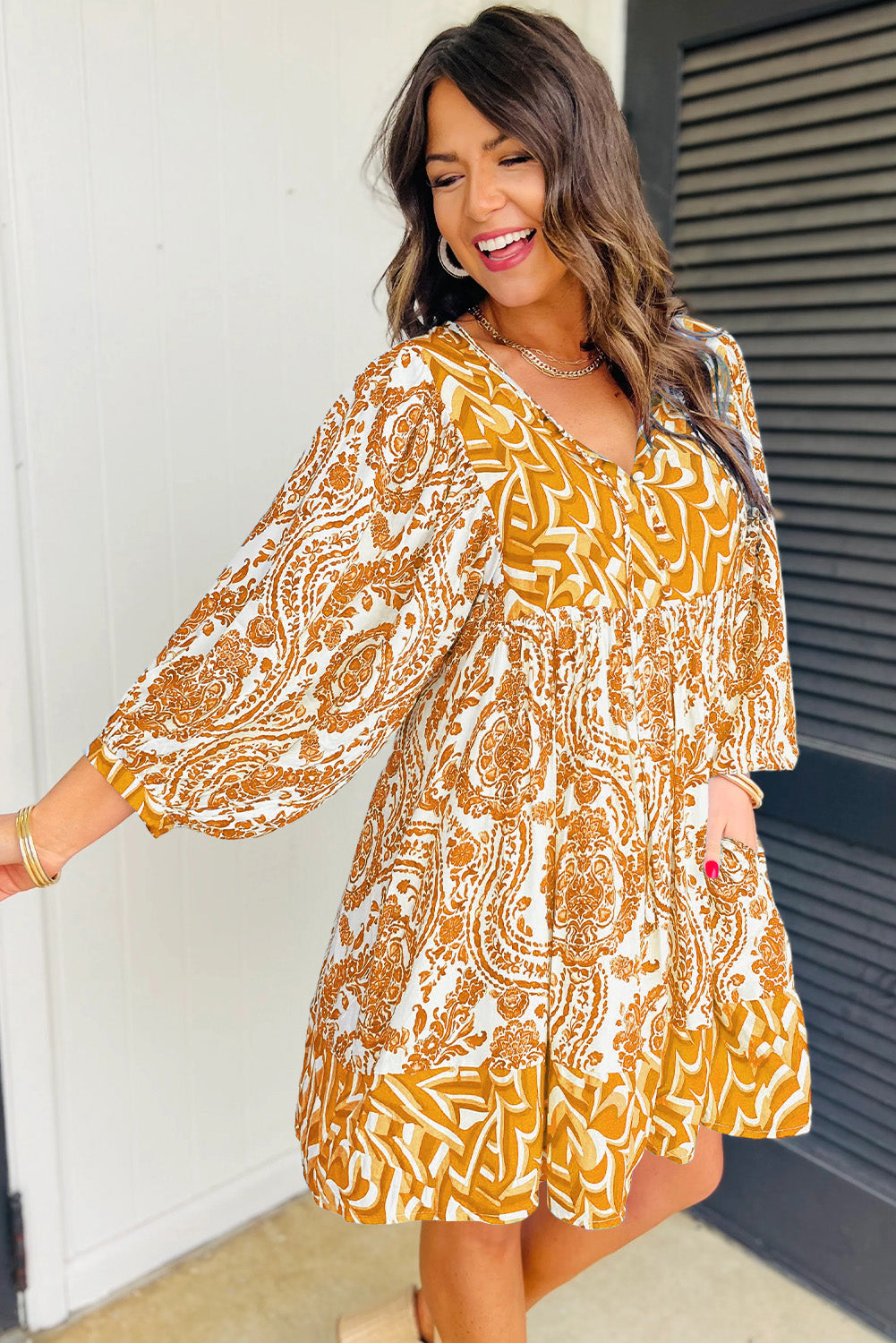 Orange Bohemian Print Puff Sleeve Tied V Neck Flared Mini Dress Mini Dresses JT's Designer Fashion