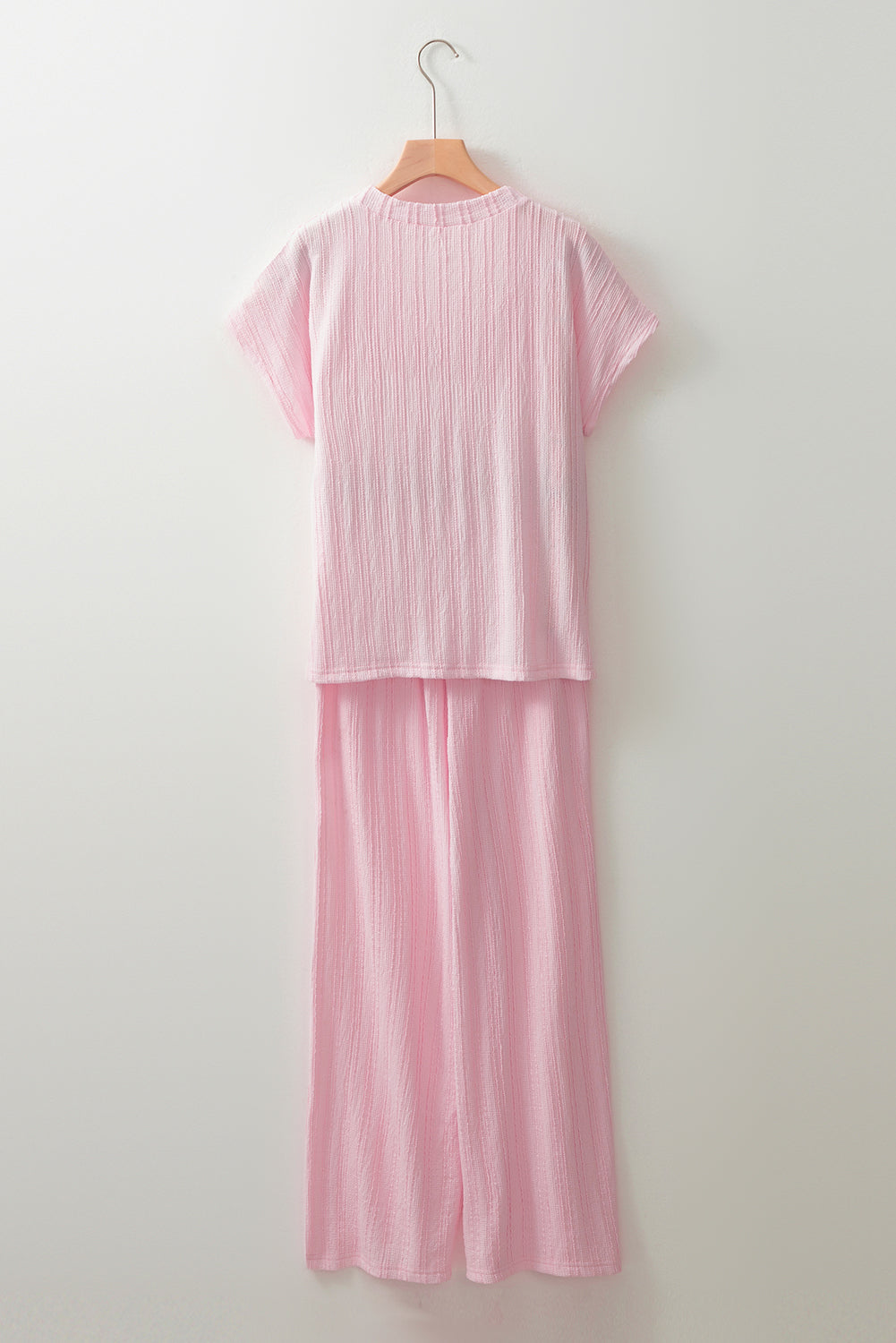 Light Pink Textured Short Sleeve Henley Top and Pocketed Wide Leg Pants Pant Sets JT's Designer Fashion