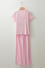 Light Pink Textured Short Sleeve Henley Top and Pocketed Wide Leg Pants Pant Sets JT's Designer Fashion