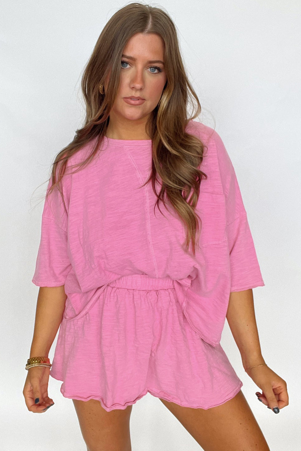 Sachet Pink Loose Fit Half Sleeve T Shirt and High Waist Skirt Set Two Piece Dresses JT's Designer Fashion
