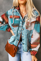 Multicolor Aztec Print Frayed Hem Denim Jacket Denim Jackets JT's Designer Fashion