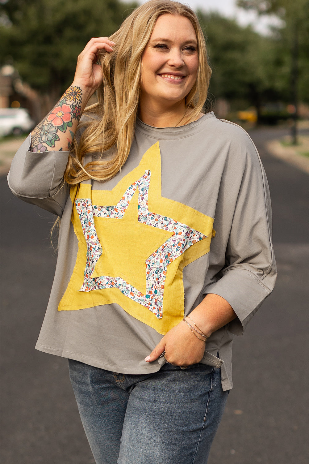 Medium Grey Floral Star Patched Pattern 3/4 Sleeve Plus Size Top Plus Size Tops & Tees JT's Designer Fashion